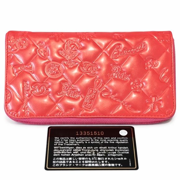 Chanel Orange/ Pink Lucky Charms Patent Leather Zip Up Long Wallet